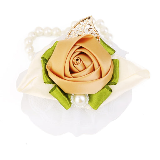 Crofta Wrist Flower Corsage Faux Pearl Bracelet for Wedding Party Decoration Khaki