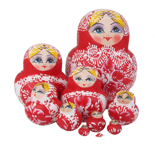 Crofta 10x Hand Painted Red Wooden Nesting Dolls Babushka Matryoshka Art Crafts Kids Play Fun Toy Home Ornament