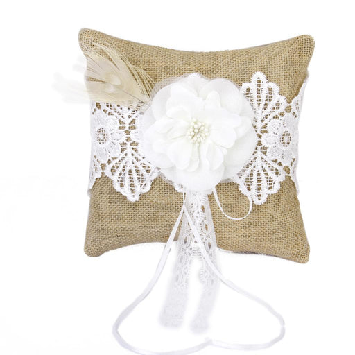 Vintage Burlap Peacock Feather Lace Rustic Wedding Ring Pillow 20cm