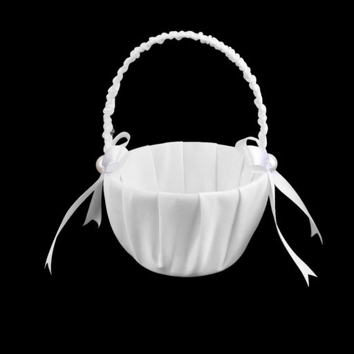 Crofta White Satin Pearl Wedding Flower Girl Basket Bowknot Decor