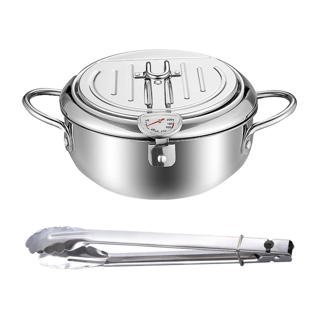 Deep Fryer Pot with Thermometer Oil Frying Pan for Veggies Squid Rings silver 28cm and clip