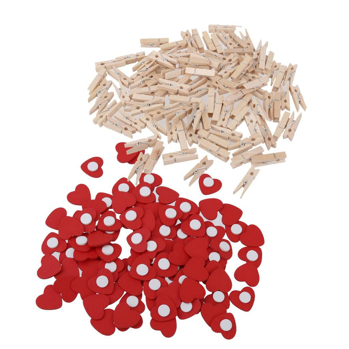 Crofta 100 Pieces Wooden Red Heart Adhesive Stickers& 100 Pieces Wood Pegs Pins for DIY Craft