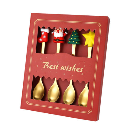 4 Pieces Christmas Spoons Set with Gift Box for Daily Use Restaurant Wedding Red Box