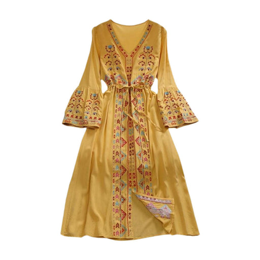 Crofta Women Dress Embroidered Floral Casual Beach Dress for Street Daily Festivals Yellow