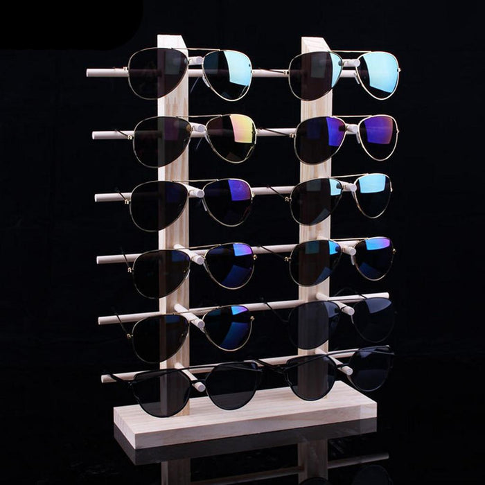 Crofta Wood Sunglasses Eyeglass Rack Display Stand Holder Double Lines for 12 Pairs