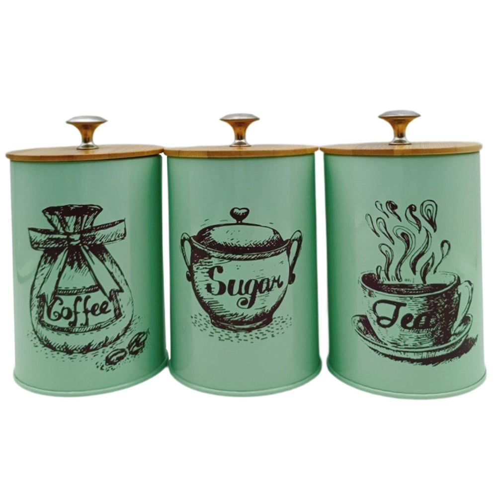 3x Coffee Tea Sugar Containers Iron Stylish Kitchen Canisters for Countertop Green