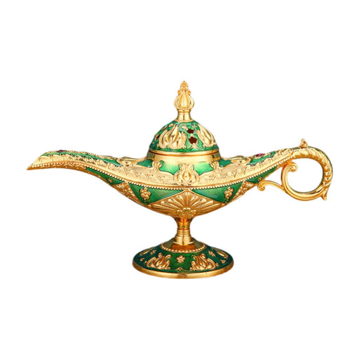 Crofta Genie Lamp Incense Burner Ornament Vintage for Housewarming Office Tea House Gold and Green