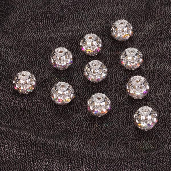 Crofta 10pcs Silver Plated Hollowed Ball Rhinestone Spacer Bead 10mm