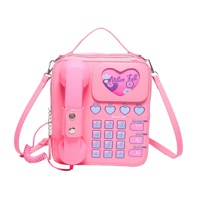 Telephone Crossbody Bag PU Phone Shaped Shoulder Bag for Makeups Cards Girls Pink