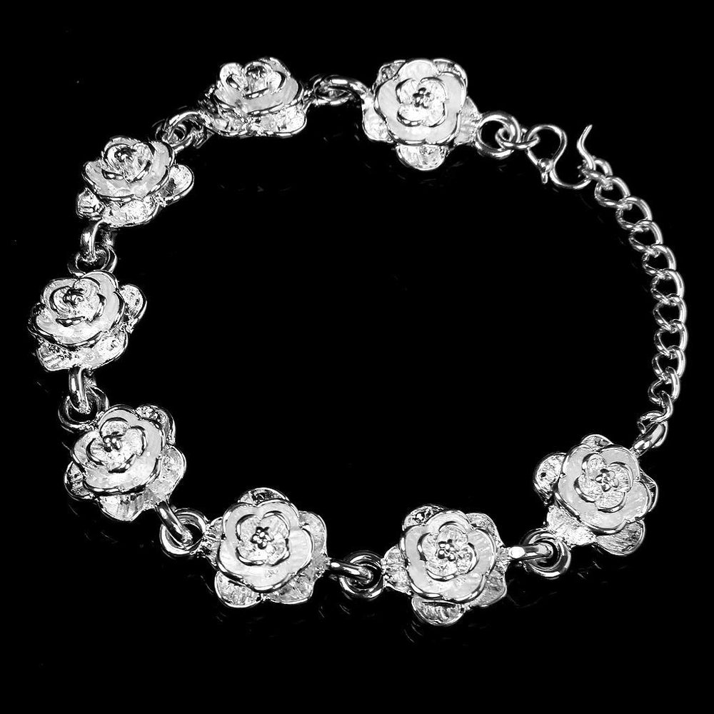 Crofta Women Girls Wedding Prom Party Fashionable Silver Plated Alloy Rose Flower Cuff Bracelet Wristband Adjustable Hand Jewelry Gift