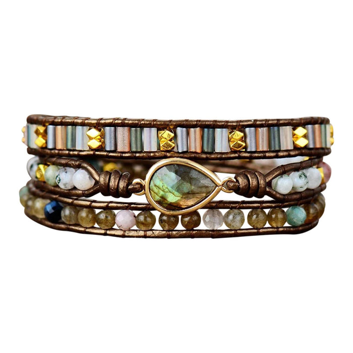 Crofta Women Ethnic PU Leather Wrap Bracelet Multi Layer Charm Unique Bead Bracelet Style A