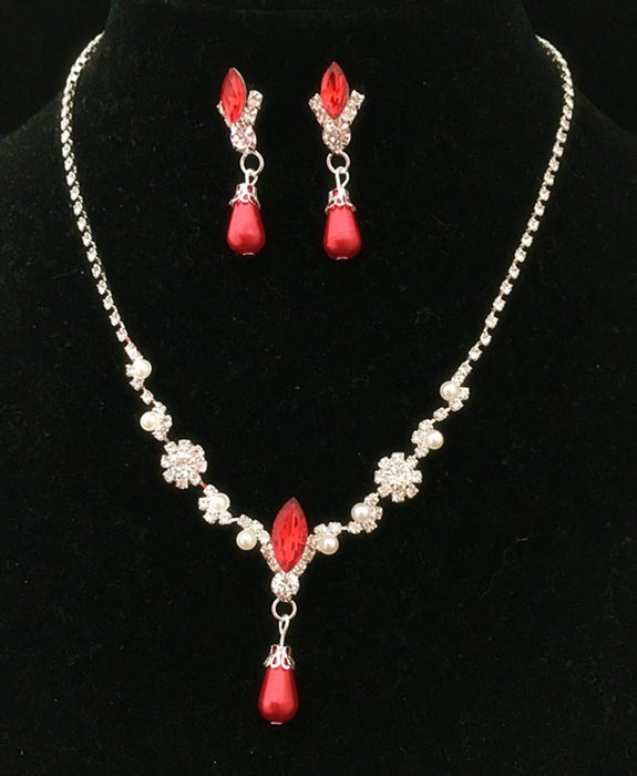 Wedding Bridal Jewelry Red Pearl Rhinestone Necklace Earrings Set