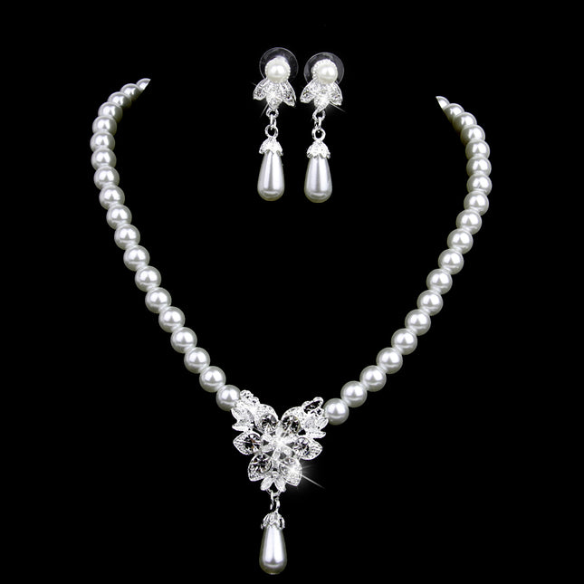 Crofta Vintage Long Pendant Style Rhinestone Faux Pearl Necklace Earrings Set Wedding Party Supplies