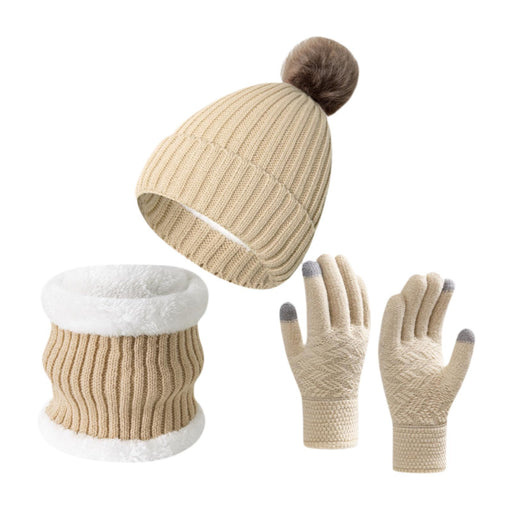 Winter Hat Scarf Gloves Set Winter Cap Neck Warmer for Running Skiing Hiking Beige