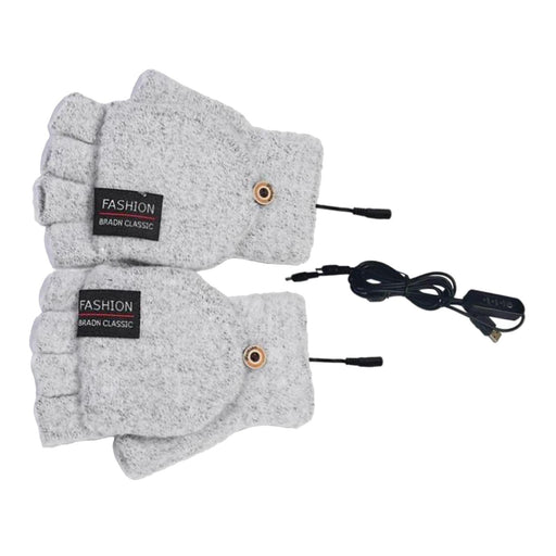 Winter USB Heating Half Finger Gloves Mitten Knitting with Cover Light Grey