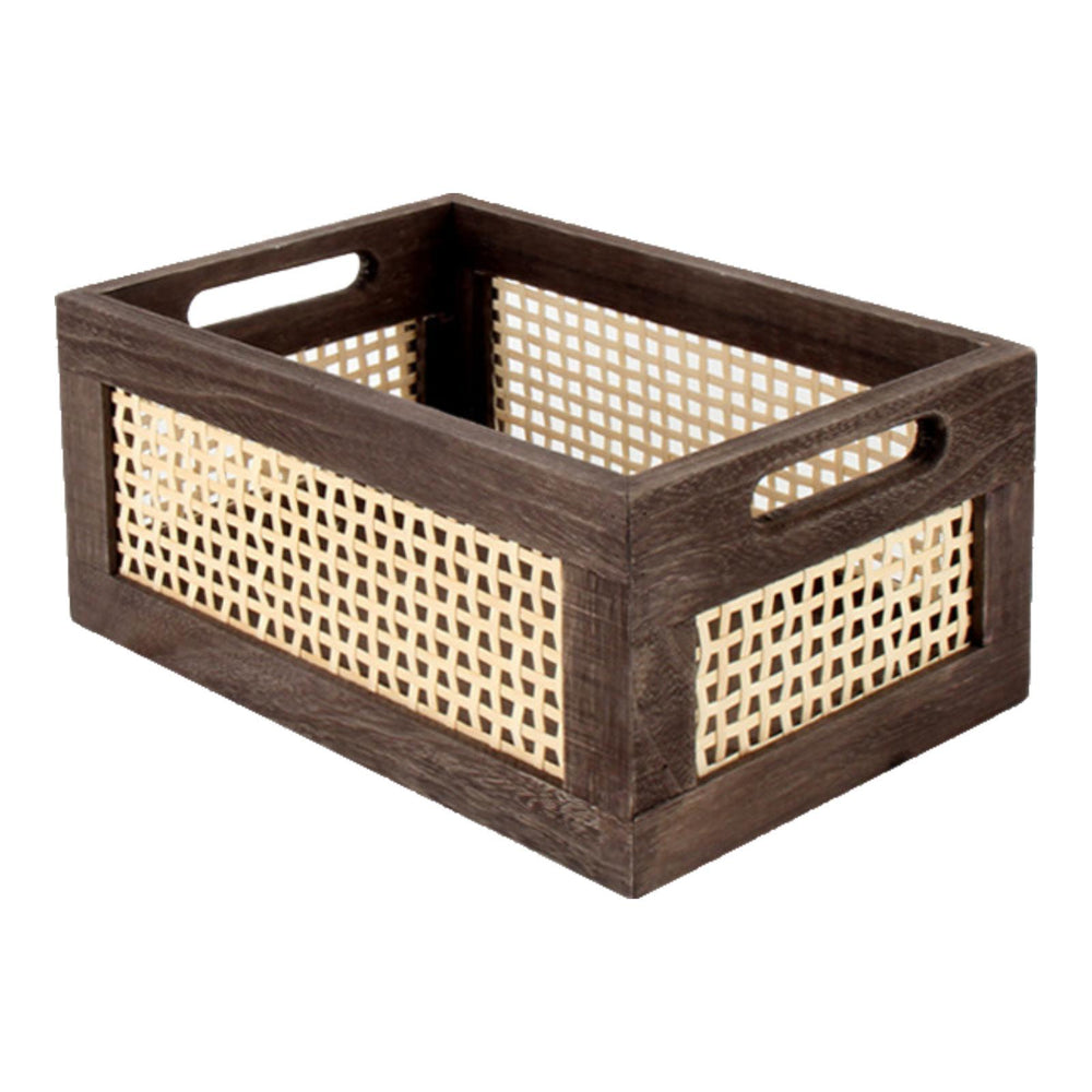 Crofta Wooden Basket Portable Rattan Storage Basket for Display Shelf Cabinet Books brown 30x20x14cm