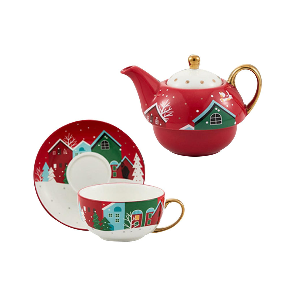 Tea Pot with Tea Cup and Saucer Gift Espresso Latte Mug for Milks Cappuccino Red