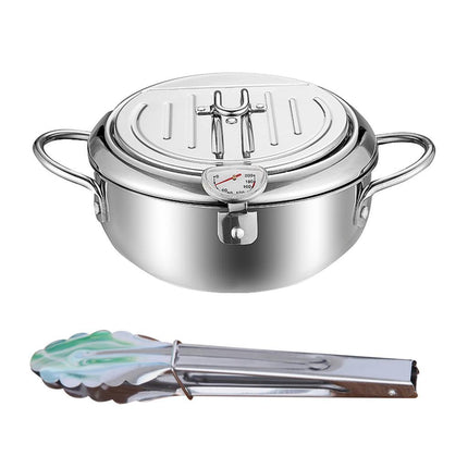 Deep Fryer Pot with Thermometer Oil Frying Pan for Veggies Squid Rings silver 20cm and clip