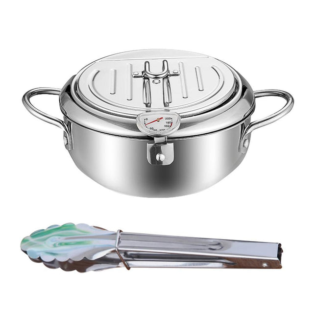 Deep Fryer Pot with Thermometer Oil Frying Pan for Veggies Squid Rings silver 20cm and clip