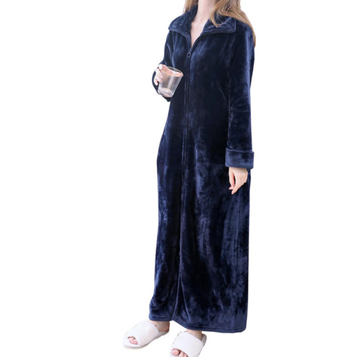 Wearable Blanket Sweatshirt Long Zipper Front Nightgown Thick Onesie Pajamas Women L Blue