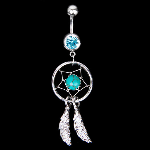 Crofta 14G Stainless Steel Barbell Crystal Dream Catcher Dangle Navel Belly Ring Bar Blue