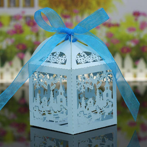 20x Christmas Scene Hollow Out Candy Gift Boxes with Ribbons Decor Sky Blue