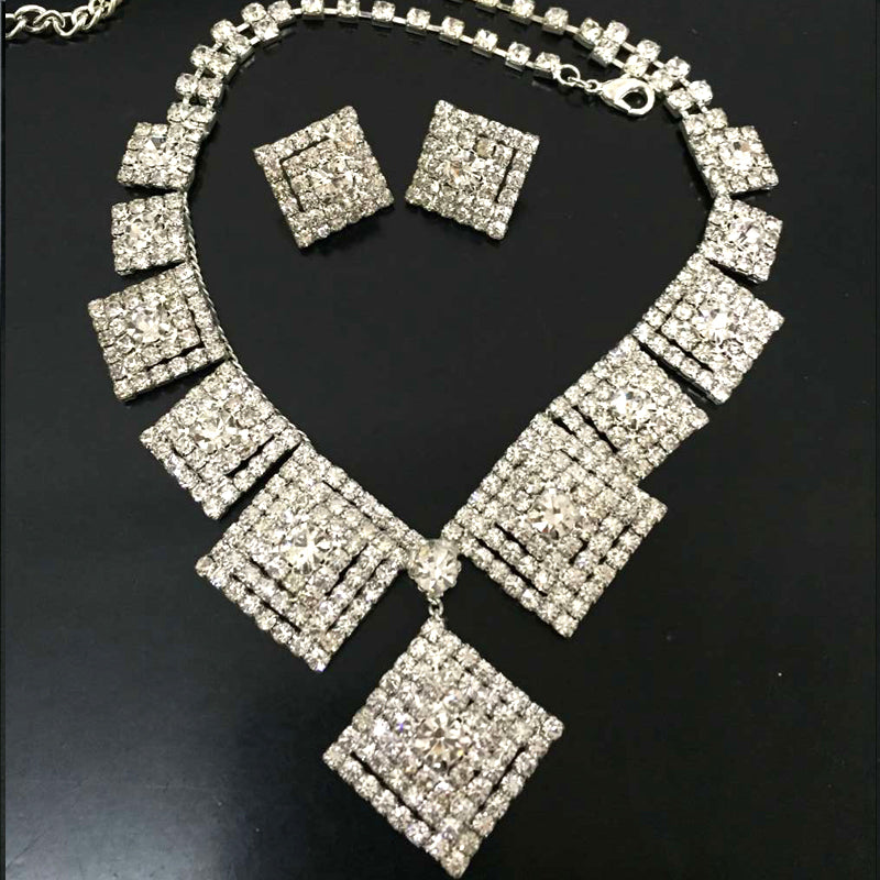 Wedding Bridal Rhinestone Crystal Jewelry Rhombus Shape Necklace Earring Set