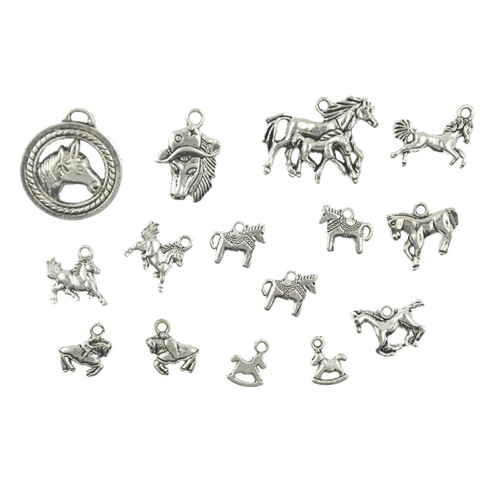 15pcs Alloy Silver Various Horse Shaped Charms Pendants Beads