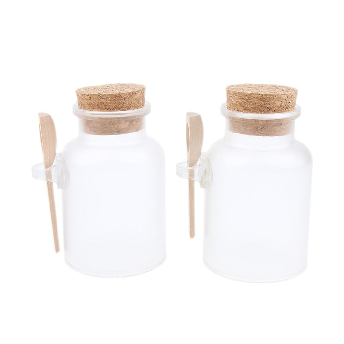 2 Pieces ABS Bath Salt Bottles Empty Clear Corked Jar with Wood Spoon  200g