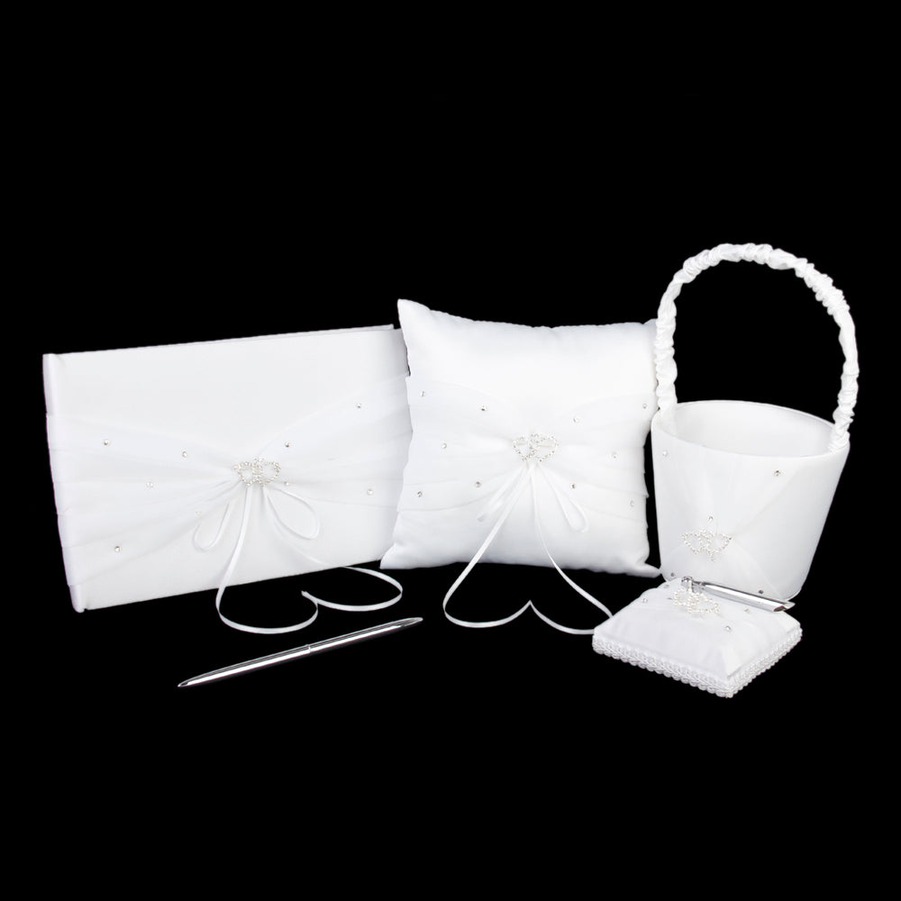 Crofta White Satin Rhinestone Ring Pillow Flower Girl Basket Guest Book and Pen Wedding Set