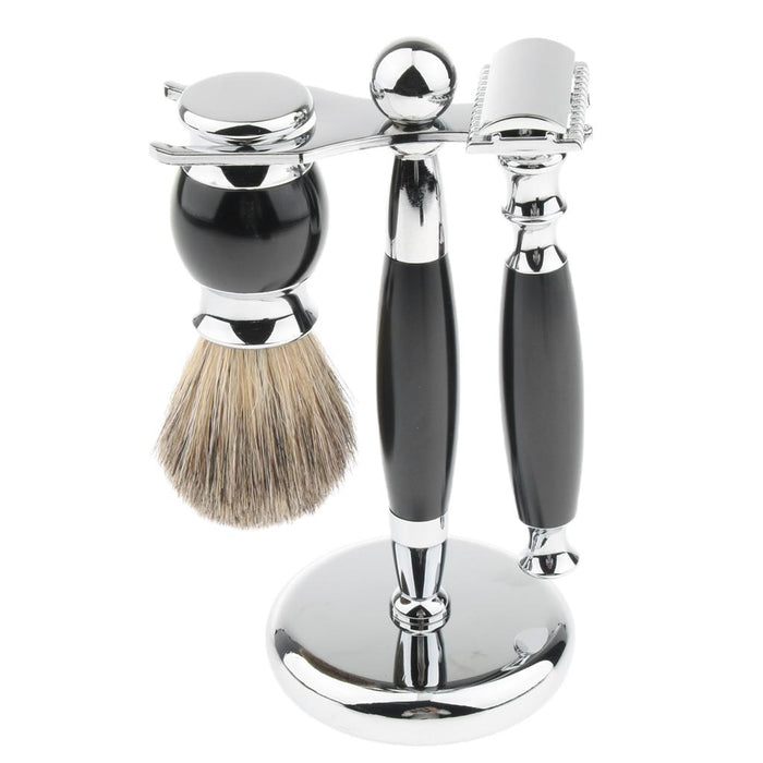 Crofta 1 Set Safety Shaving Kits Razors Shaving Brush Alloy Stand Holder Black