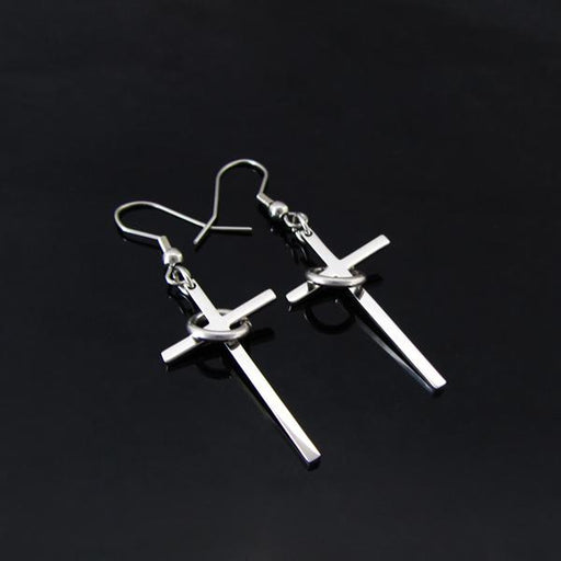 Crofta 1 Pair Stainless Steel Cross w/Ring Plain Style Silver Dangle Earrings Wedding