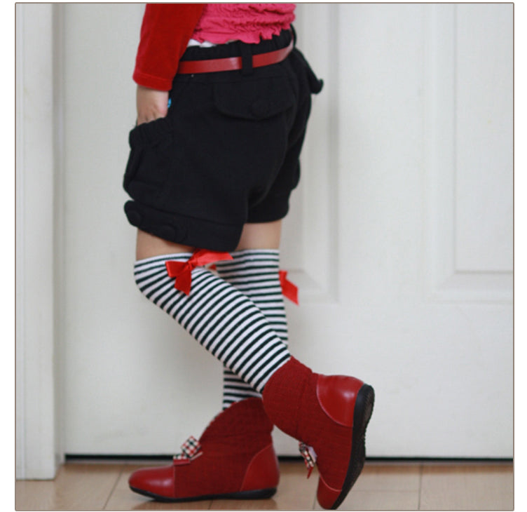 Crofta 1-6 Years Kids Girls Princess Knee High Socks w/ Bowknot- Black and White Stripes