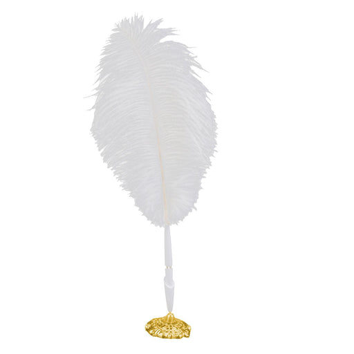 Crofta Ostrich Feather Quill Signing Pen with Metal Holder Wedding Pen Set S White