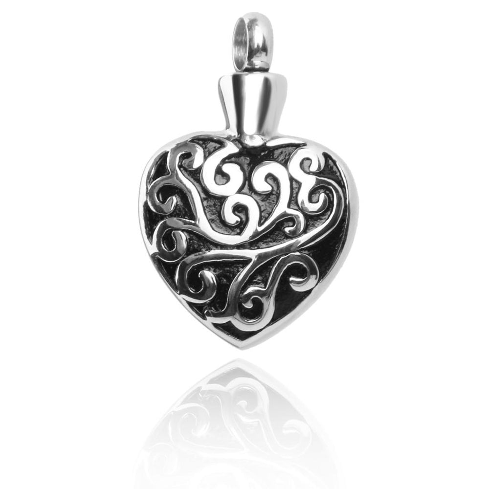 Stainless Steel Carved Heart Shape Cremation Urn Keepsake Memorial Pendant