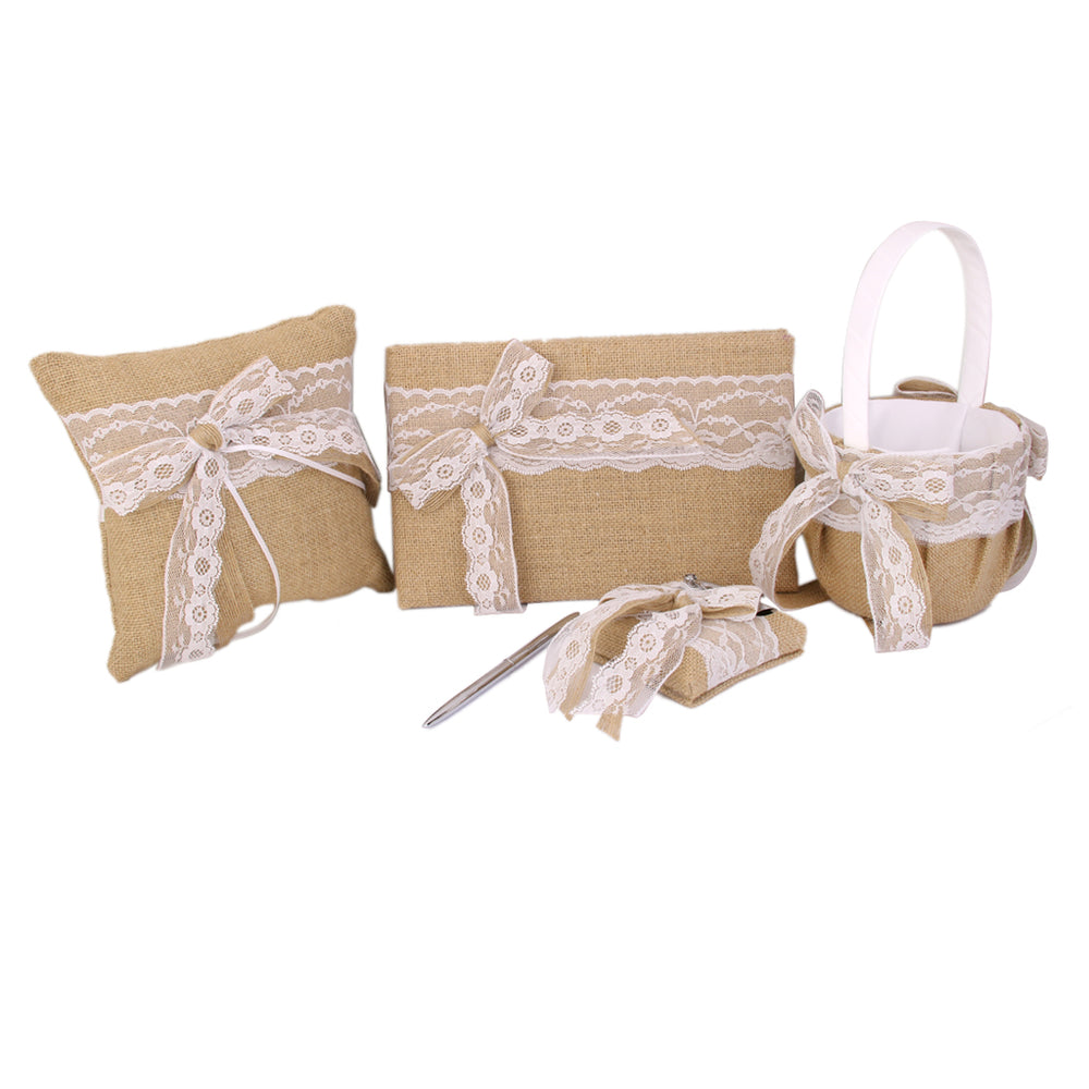 4pcs Burlap Lace Bowknot Wedding Guest Book Pen Pillow Basket Set