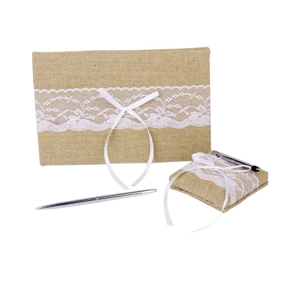 Crofta Set Of Lace Embellished Burlap Guest Book With Pen And Stand Wedding Party Supplies