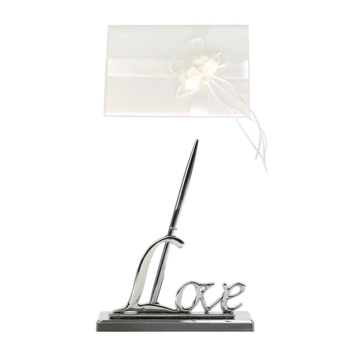 Crofta Ivory Satin Guest Book+Silver Love Signing Pen Wedding Party Decoration